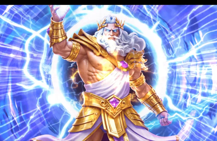 Full-screen animation of a Zeus-like figure in gold armour, ringed by blue lightning, filling the screen.